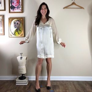 SCOOP NYC Mixed Media Sheer Long Sleeve Silky Peasant Dress